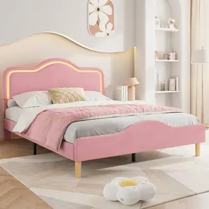 Garvee Queen Size Upholstered LED Bed Frame with Adjustable Headboard and Footboard, Velvet Princess Platform Bedframe with Wooden Slats Support, No Box Spring Needed, Easy Assembly, Pink