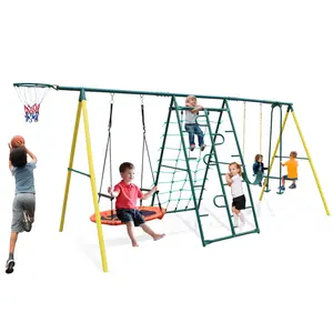 6 in 1 Metal Swing Set for Kids 700LB Capacity with 2 Swings Climbing Net Ladder Trapeze Bar Basketball Hoop for Backyard Outdoor Play Equipment Playground Equipment Durable