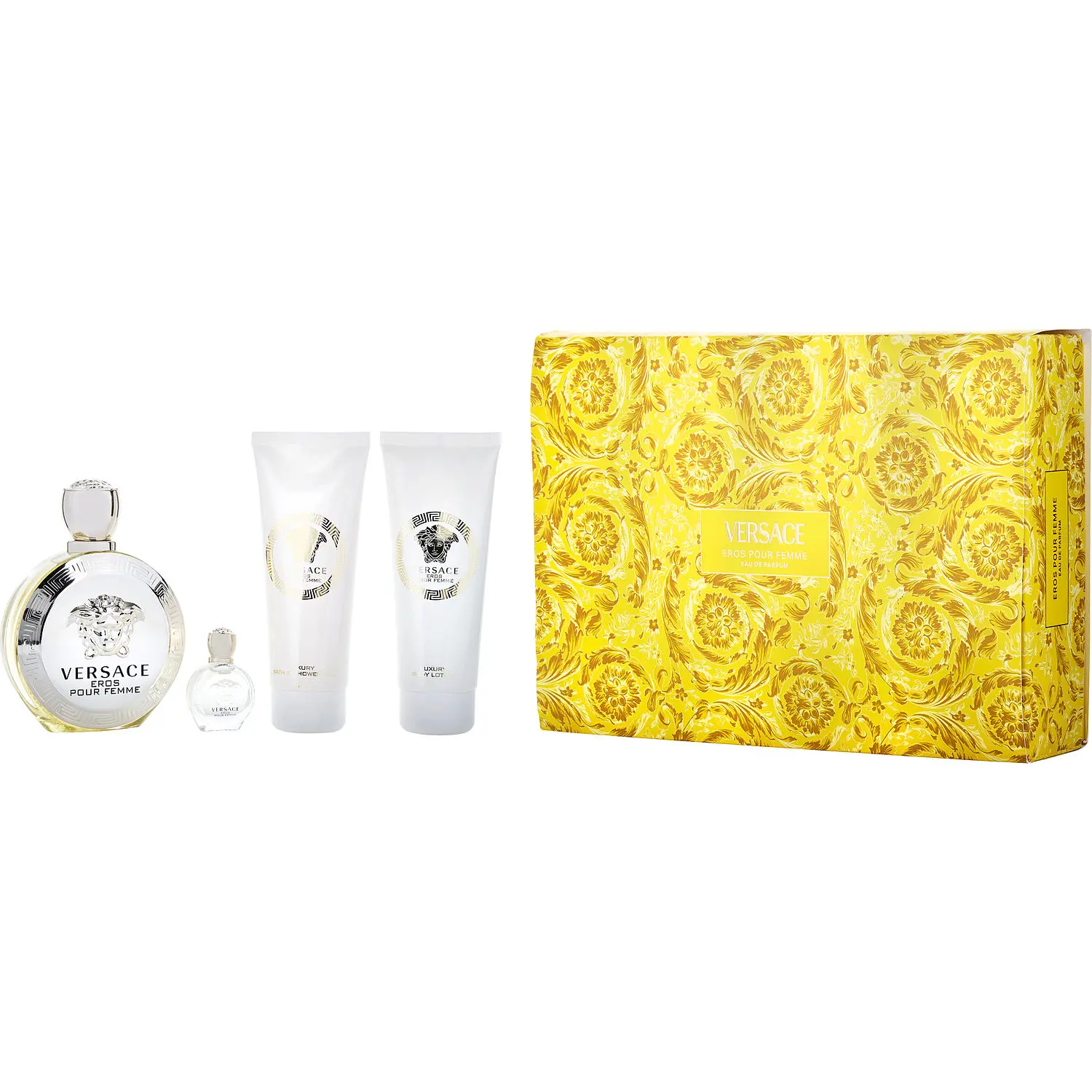 Versace Eros Pour Femme Set-Eau De Parfum Spray 3.4 Oz & Body Lotion 3.4 Oz & Shower Gel 3.4 Oz & Eau De Parfum 0.17 Oz Mini For Women
