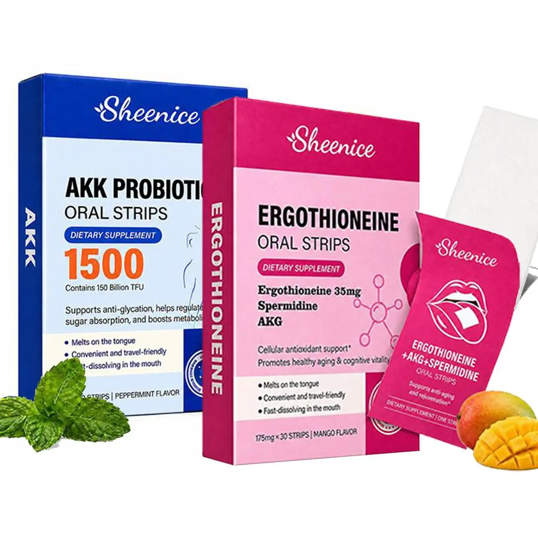 Sheenice Dual-Action Body Wellness Supplement Combo - 35mg Ergothioneine + AKG + Spermidine Antioxidants, 15B CFU AKK Probiotic Fast-Dissolving Strips (Mango, Peppermint Flavors; 30 Strips Each, 60 Total for Cellular Boost), Sugar Free, Gluten Free, Dairy