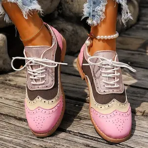 Women's ColorBlock Oxford Flats, Elegant Brogue Shoes, Versatile Lace-Up Footwear For Daily Wear