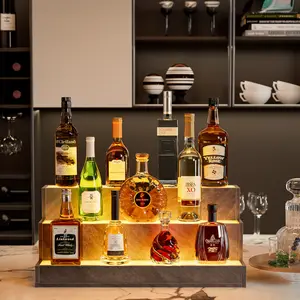 LED Lighted Liquor Bottle Display Shelf, 24 Inch Bar Display Shelf, DIY Illuminated Bottle Shelf with App & Remote Control, 3 Step Freestanding Holding Bottles for Home Bar, Party, Grey Kitchen Utensils Wood