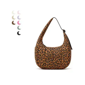 Five Season Home Women's Leopard Print Quilted Crescent Bag - Lightweight Nylon Hobo Crossbody Purse with Multi-Pockets & Adjustable Strap