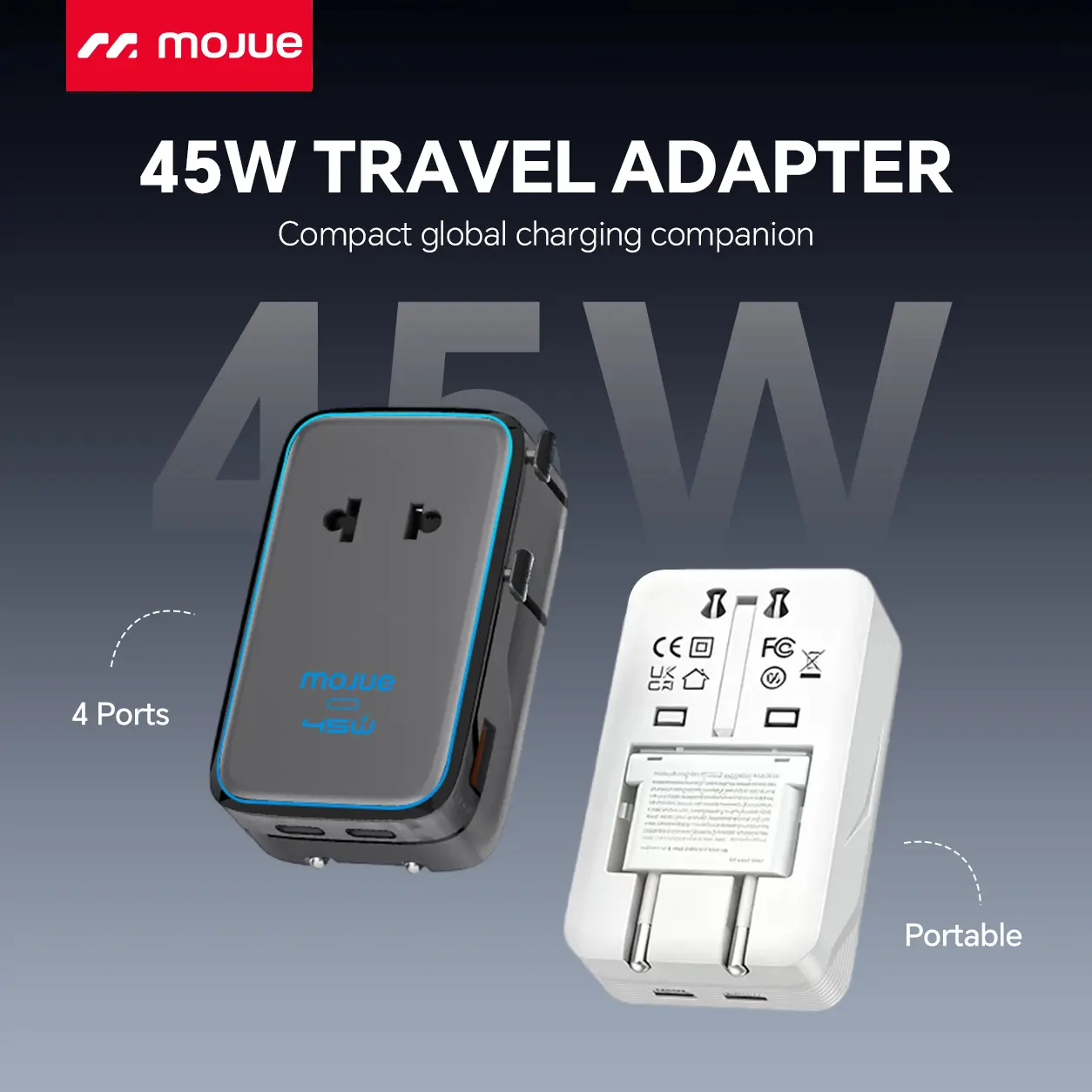 MOJUE travel plug adapter, universal travel adapter, 2026 ultra-thin 45W PD fast charger, 4 ports (1 AC/2 USB-A/1 USB-C) international power adapter essential