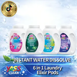 Yass Clean 6-in-1 Laundry Elixir Pods - High-Concentrated Instant Dissolve Capsules | Stain Removal, Antibacterial, Softener | 4 Luxury Scents: Cherry Blossom, Fresh Forest, Date Night, Sea Breeze