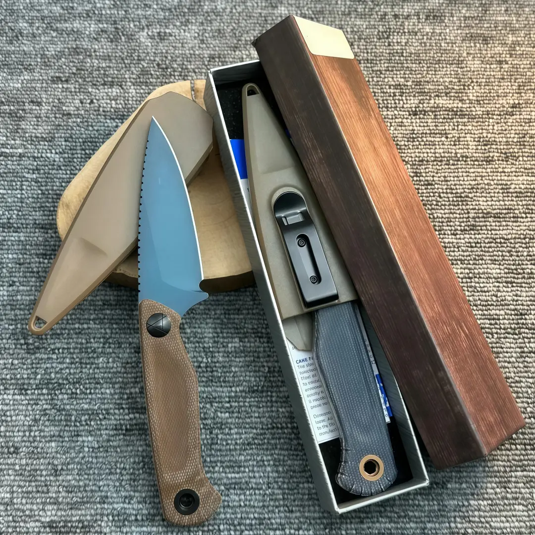 The 203 EDC fixed-blade knife features a compact design and a textured, non-slip handle, combining a stylish aesthetic with practical outdoor functionality.