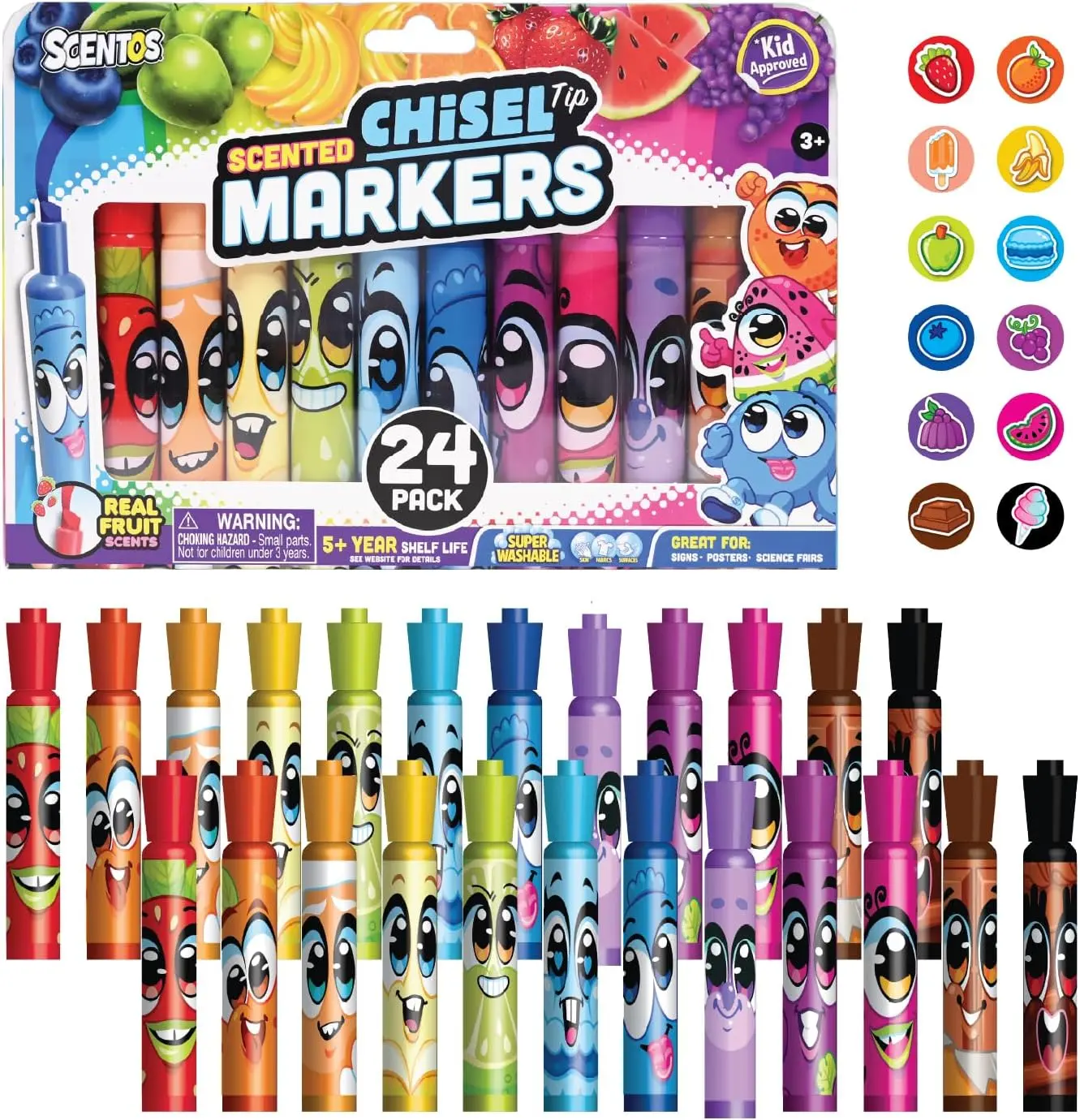 Scentos Fruit Scented Chisel-Tip Colorful Markers - 8/12/24 Pack School Supplies, Kid-Approved Scented Stationery, Super Washable Creative Tools for Coloring Posters, Markers For Coloring