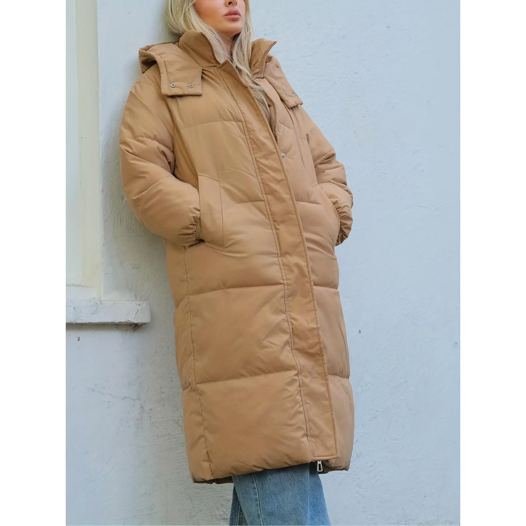 Women's Plus Size Winter Warm Hooded Puffer Coat Full-Length Quilted Jacket with Large Front Pocket H-Line Silhouette Non-Stretch Neutral Colors for Cold Weather