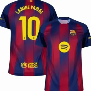 Unisex Soccer/Football Champions Language Barcelona Club Lamine Yamal 10 Premier League 2025/26 Home Replica Jersey - Blue/Red/White Full Logo QU