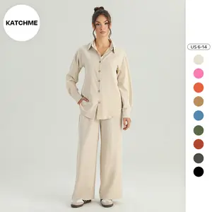 KatchMe Women's Minimalist Solid Color Long Sleeve Button-Up Blouse & Wide Leg Trousers Co-ord, Basic Soft 2 Piece Co-ord Set, Plain Holiday Outfits