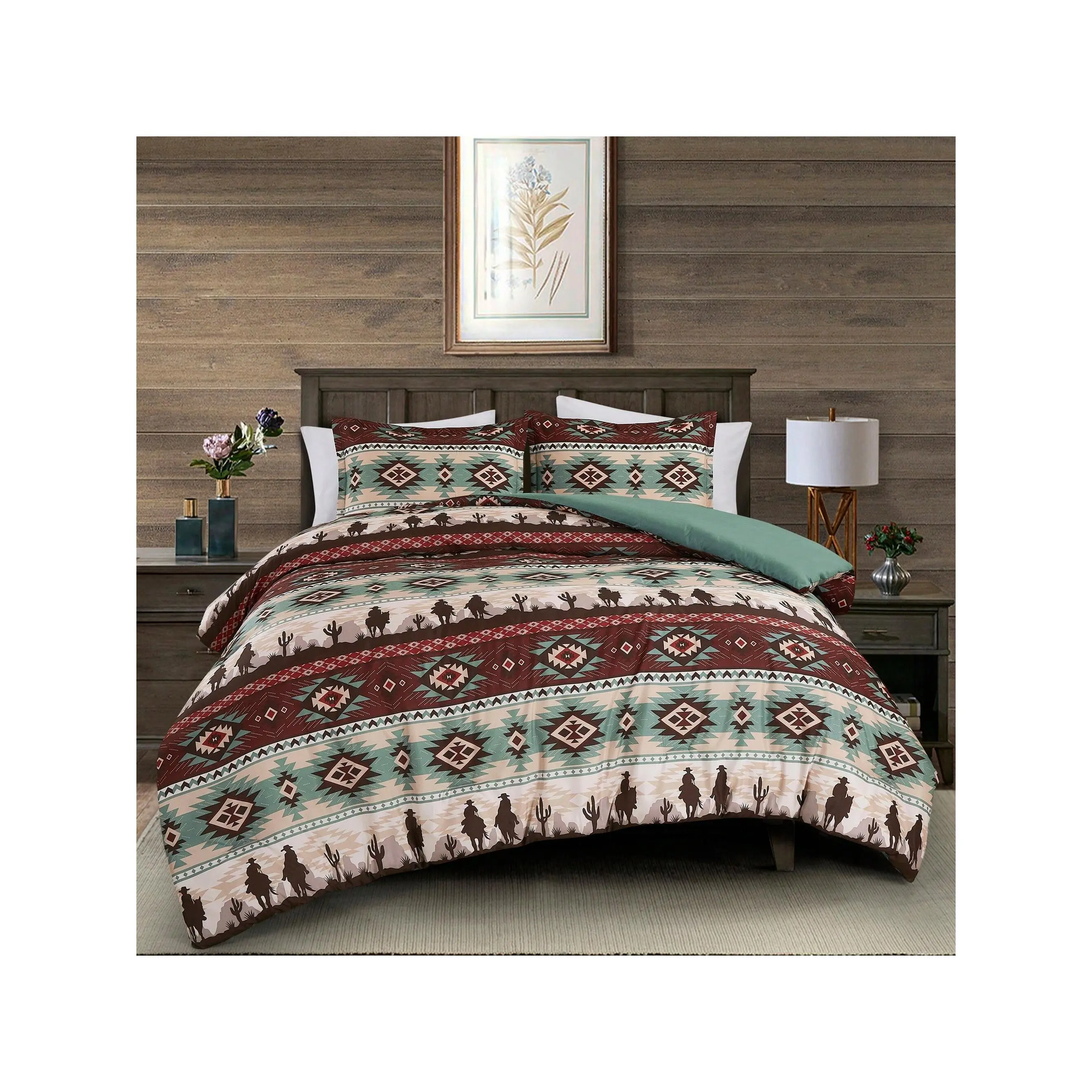 Chezmoi Collection Audun 2/3-Piece Southwestern Cowboys Comforter Set, Multicolor Teal Brown Beige Tan Red Printed Microfiber Lightweight Bedding Set For All Season