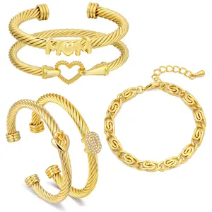 Aprilery Golden Mixed Motif Jewelry Set – Heart, "MOM", Clover, Heart & Crystal Accent Bracelets