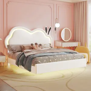 AMERLIFE Floating Bed Frame with Adjustable LED Headboard, Cute Leather Upholstered Platform Bed Frame with Wood Slats Support, Easy Assembly/Best Gift Ideas/Christmas Gifts