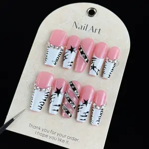 10pcs high-end Sweet and cool girl style, hand-painted zebra pattern and stars, dazzling point diamonds Nail Art Design handmade fake nails, Nail stickers suitable for attending music festivals, concerts, party events and carnival activities Rhinestones