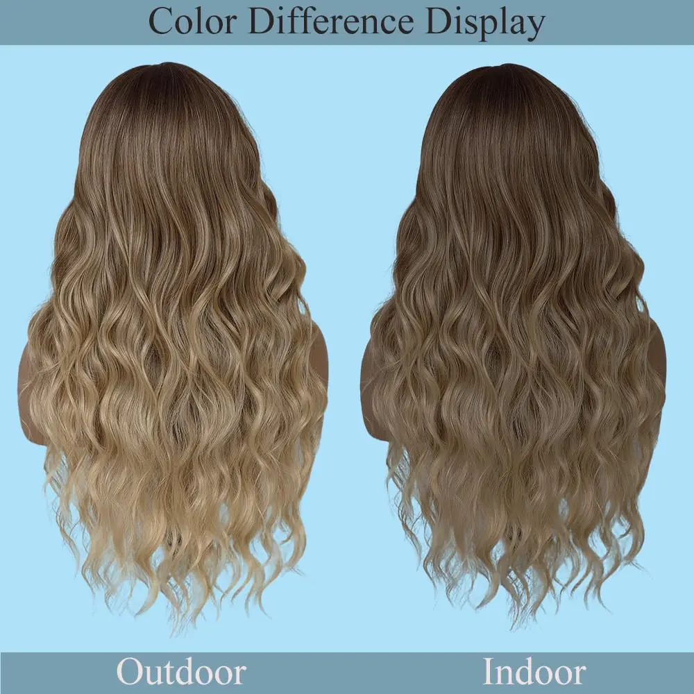 Women's blonde wig, 26-inch long wavy hair with a center part, featuring soft, face-framing layers; tangle-resistant, easy to style, and adjustable—suitable for daily wear or party costumes.