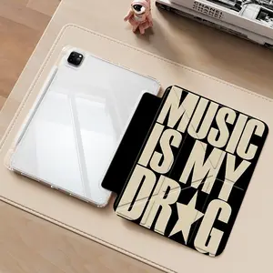 Retro Music Quote "Music Is My Drug" Typography Tablet Case, Tablet Protective Cover with Acrylic Y-Fold Stand, Anti-Drop Scratch-Resistant, Transparent Acrylic Back, Fits iPad 7.9/8.3/10.2/10.5/10.9/11 inch, Shock-resistant Full Cover, Office Accessories