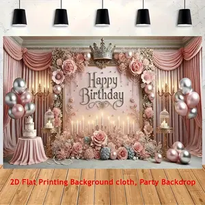 2D Flat - A Birthday Backdrop, 2D Flat Polyester Photography Backdrop Measuring, Birthday Banner Flag Supplies, Cake Table Photography Studio Party Decorations And Portrait Photo