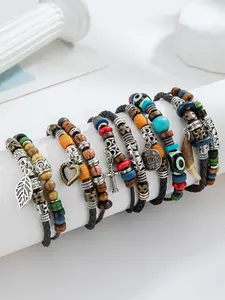 Vintage Trendy Matching Bracelet Set, Boho Style Heart & Leaf & Cross Charm Bracelets, Double Layered Beaded Decor Adjustable Bracelets, Fashion Accessories for Women & Men, Boho Style Jewelry