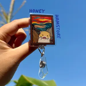 Hamster Scream Painting Badge Reel with ID Belt Alligator Clip Cute Design Acrylic for Children Gift Work Accessories Nurses Medical Teacher Student