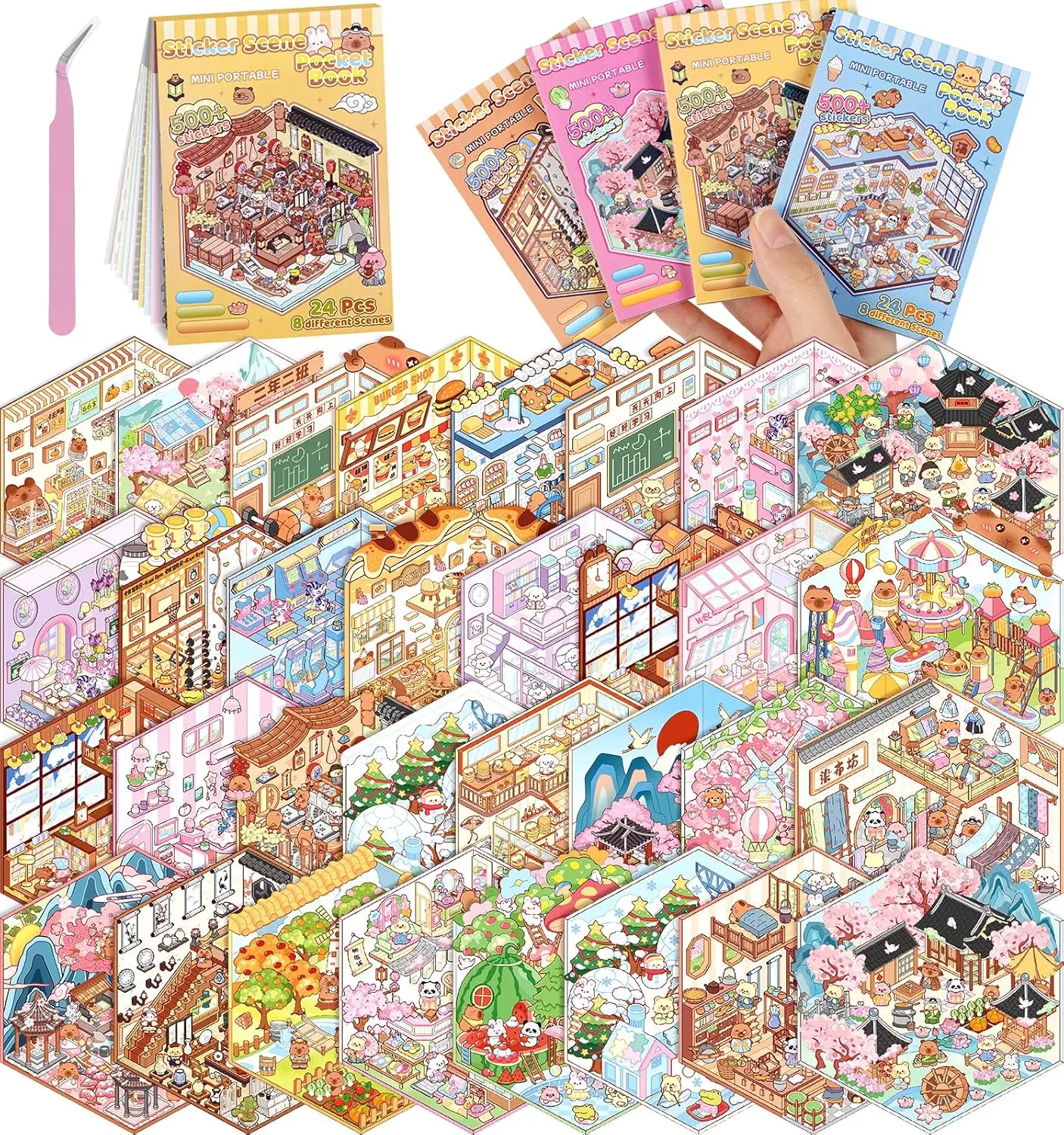 [US SELLER] 3D Cute Character Wall Stickers Kit, Adult Therapy Art with 4 Isometric Scenes, Renter-Friendly DIY Decal Film for Girl Room Decor Home Supplies