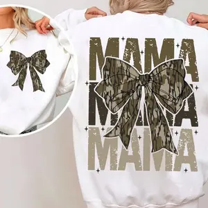 Mama Camo Coquette Bow Oversized Print 2 Sides Sweatshirt, Old School Camo Shirt, Retro Camo Coquette Bow Tee, Camo Womenswear, Mother's Day Gift