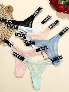 AESS Women's 6pcs/Set Sexy Mesh Thong Panties, Low Waist English Letters Fashion Seamless Comfortable Underwear