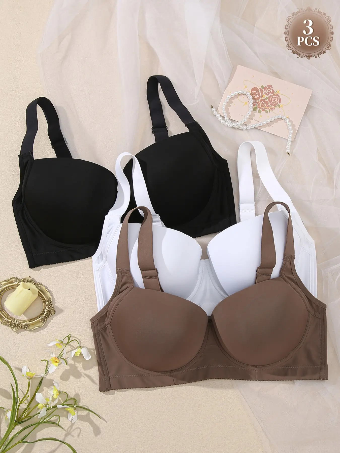 3PCS Women's Plus Size Seamless Smooth Push-Up Bra, Underwear, Full Coverage Minimizer T-shirt Bra, Adjustable Wide Straps, Underwire Medium Support, Soft Comfortable Breathable Everyday Fit
