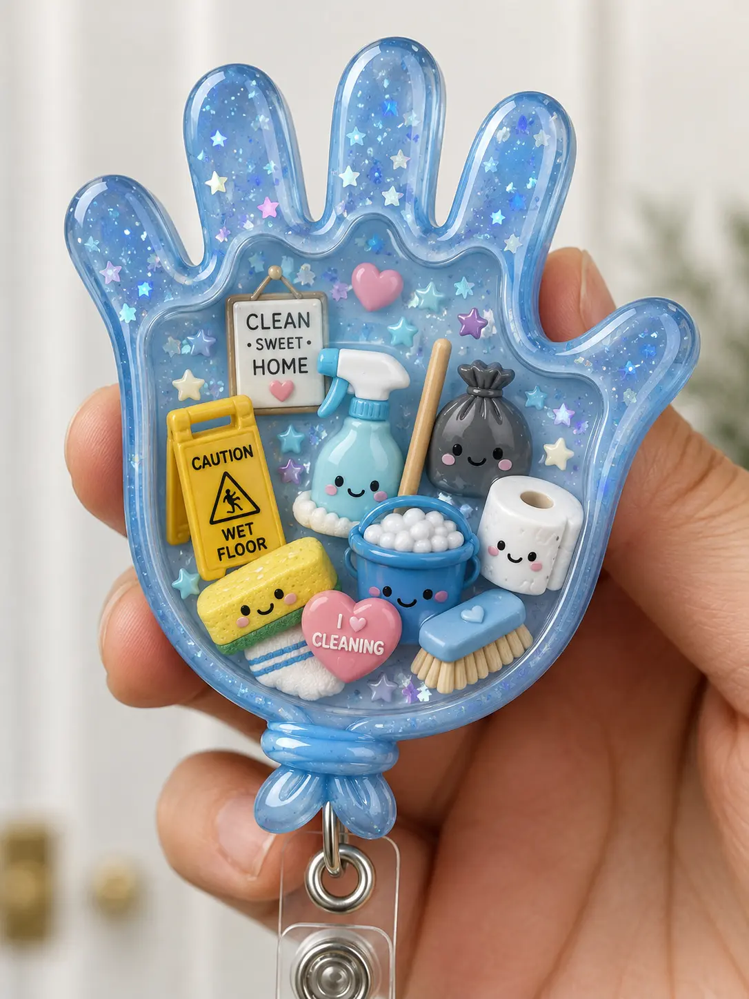 Housekeeping Badge Reel, Cute Cleaning Resin Badge Holder, Kawaii Retractable ID Badge Reel for Housekeepers