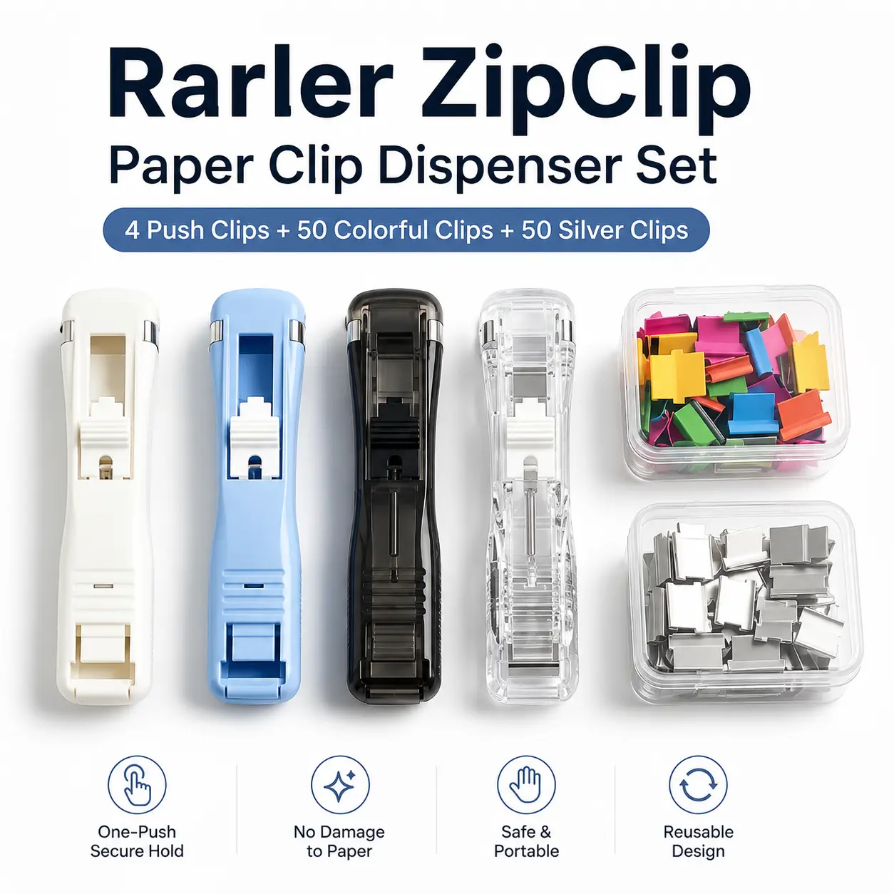 4Pcs Reusable Paper Clip Dispensers with 50 Colorful Clips & 50 Silver Clips, Portable Refillable Clip Holder for Office, School & Home