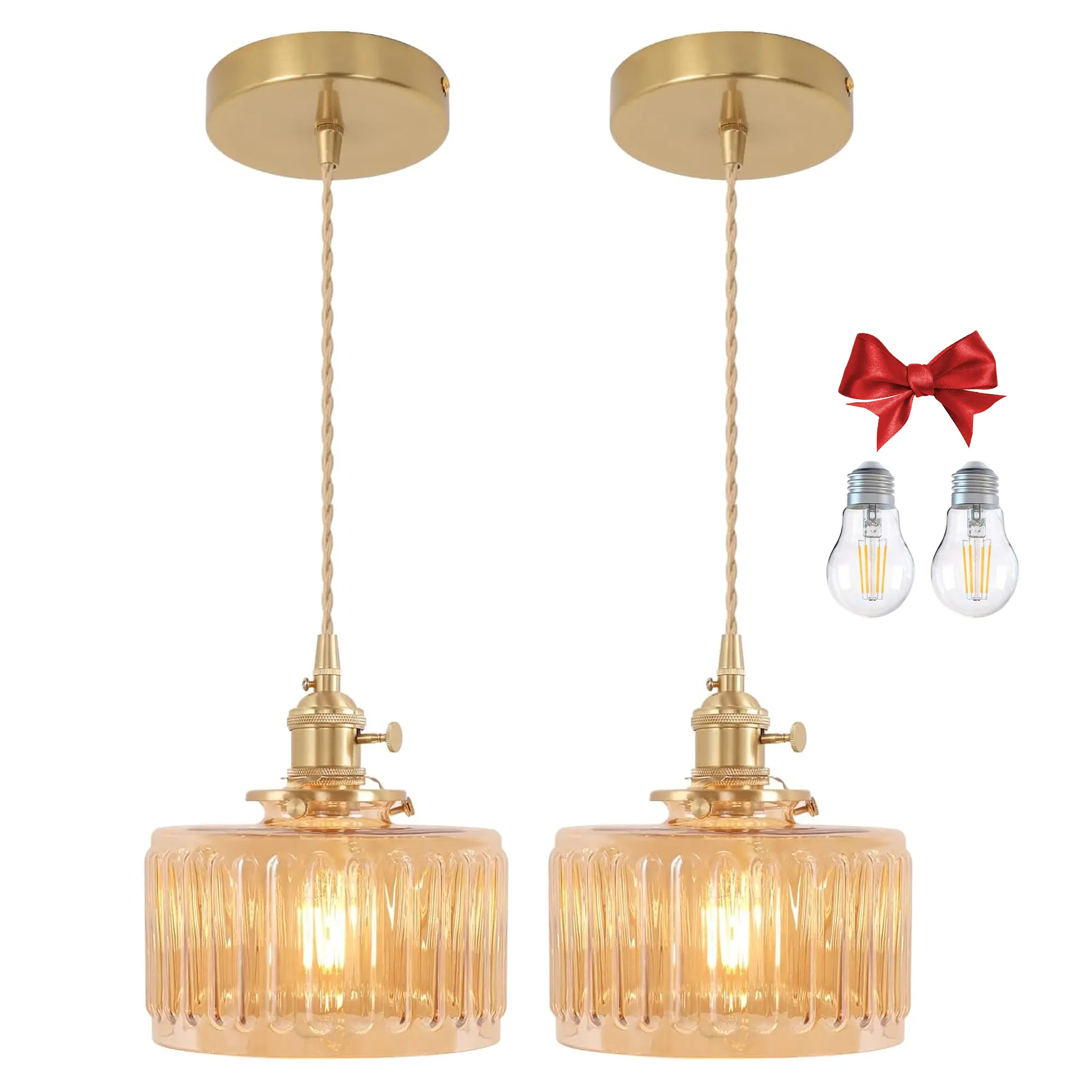 Modern Round Amber Striped Glass Shade Pendant Light - Indoor Home Improvement Lighting, Includes 2 Natural Light Bulbs, Adjustable Cord with Switch, for Kitchen Island/Dining Room, Includes Bulbs