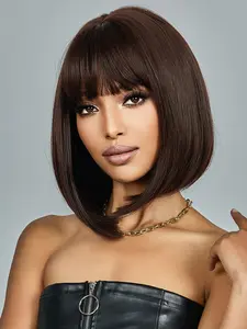 Deep Synthetic Hair Wigs, 12 Inch Heat Resistant Straight Hair with Bangs, Adjustable Capless Design Glueless Synthetic Wig, Comfortable Fit for All Seasons, Synthetic Material Wigs
