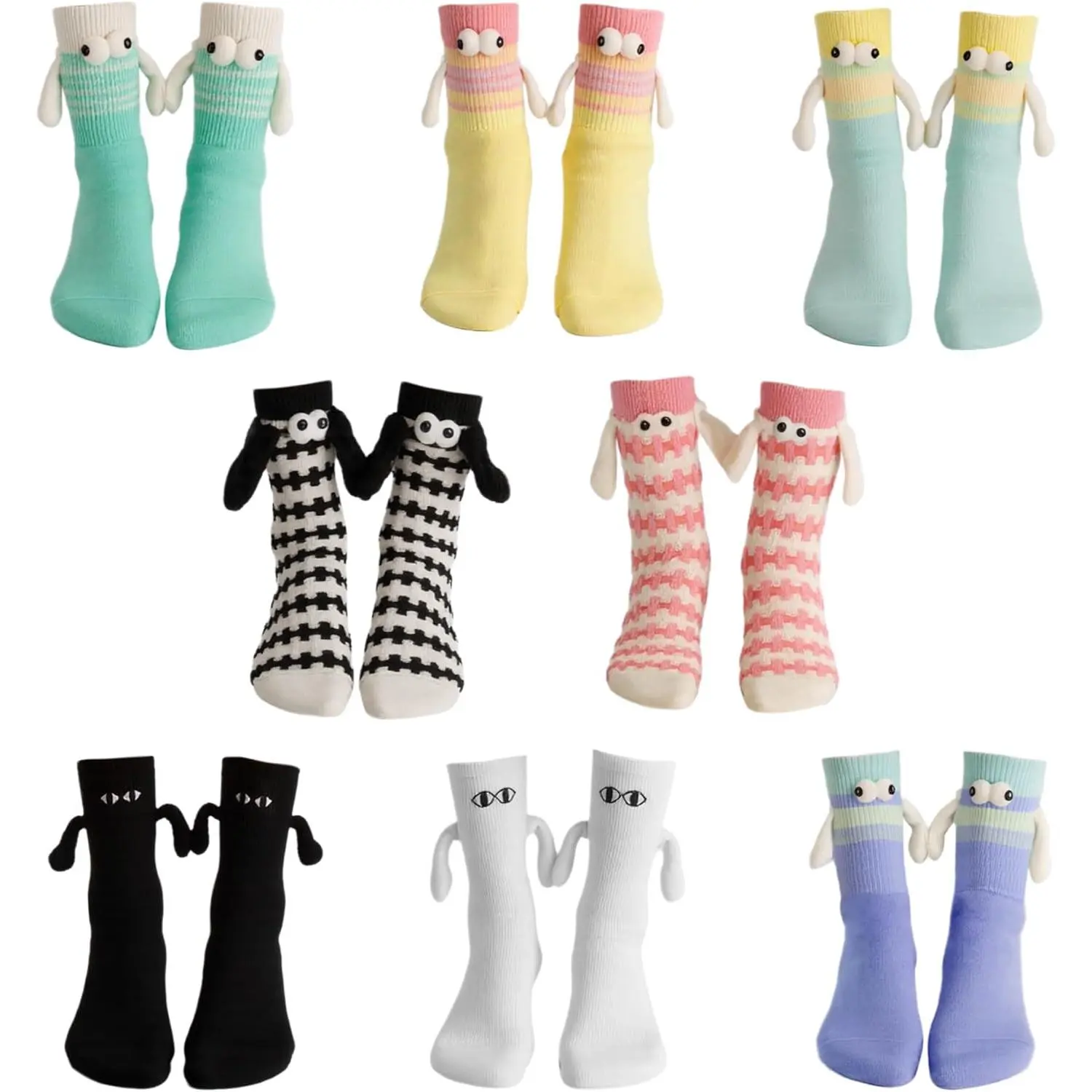 8 Pairs Funny Couple Socks Set, Magnetic Holding Hands Cotton Mid-Calf Socks, Soft Breathable 3D Novelty Gift for Men & Women, Elastic, Unisex, Long, Thanksgiving, Valentines Day, Graphic, Fun Socks