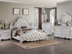 Versailles White Traditional Bed Frame – Solid Wood, Button Tufted Leatherette, Sintered Stone Tops By FOA