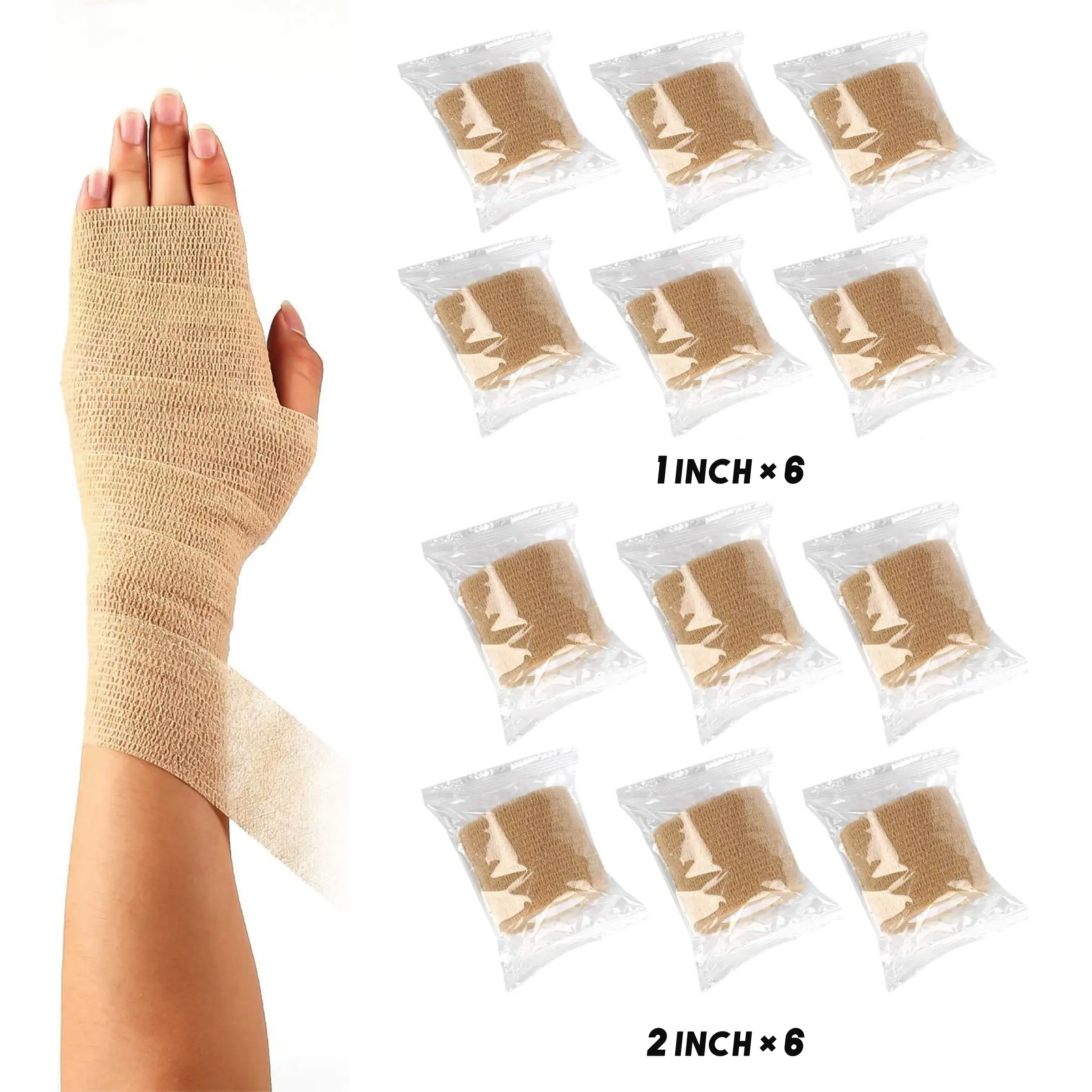 12 Pack Self-Adhesive Bandages, 1 Inch X 5 Yards/2 Inches X 5 Yards, Elastic First Aid Tape, Sports Wrap, Wrist Support, Athletic Tape