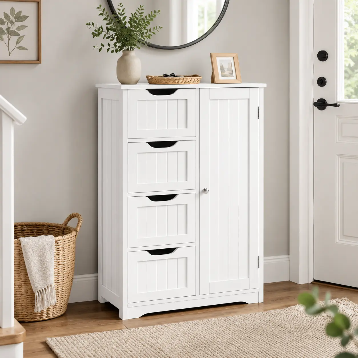 Costoffs Sturdy Waterproof Adjustable Wooden Storage Cabinet - Freestanding Narrow Cabinet Bathroom Furniture with 4 Drawers + 1 Shelf, Slatted Panel Door, for Entryway Console Table