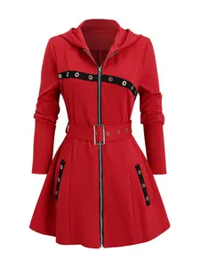 Women's Solid Belted Zipper Pocket Hooded Jacket, Fashion Casual Grommet Eyelet Long Sleeve Casual Cute Outerwear for Daily Outdoor Wear, Women Clothing for Fall & Winter