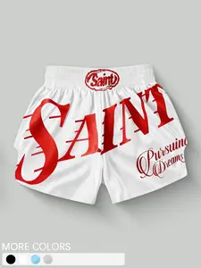 1 Pack Unisex Muay Thai Shorts Saint Print White Red Satin Elastic Waist Side Split for Boxing Kickboxing Gym Training Casual Wear