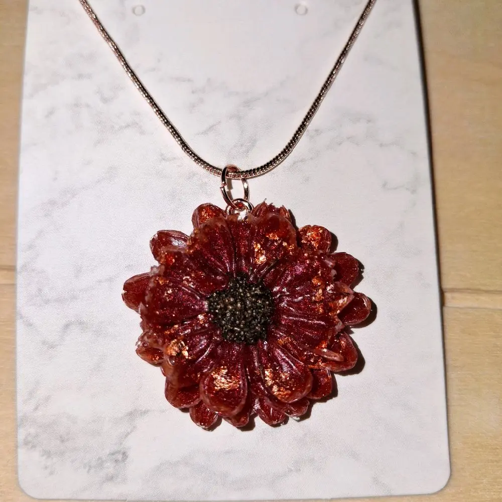 Maroon Floral Necklace with Rose Gold Flakes & Chain Simple Design Jewelry Piece Resin & Mica Powder Pendant
