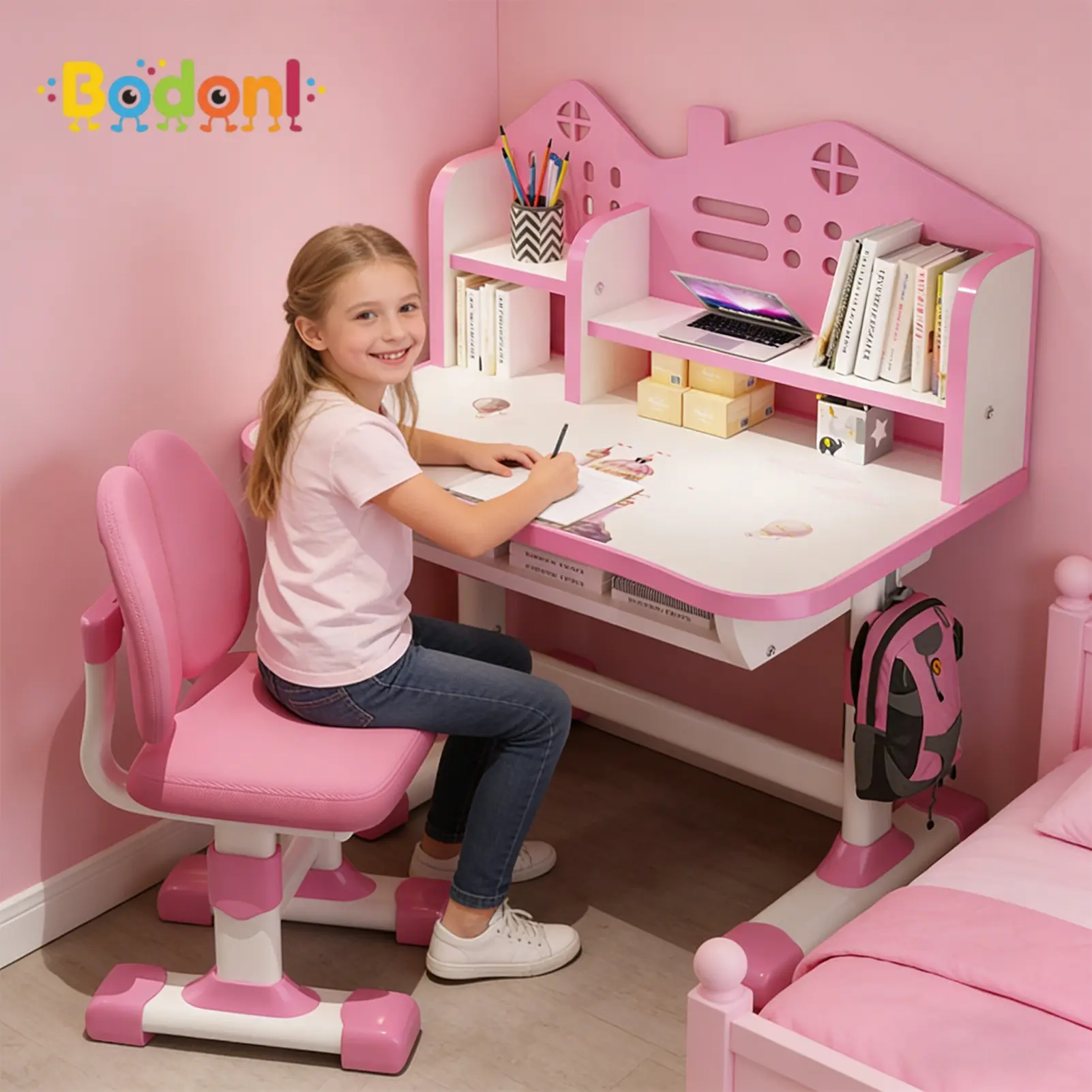 Bodonl Ergonomic Kids Height-Adjustable Desk & Chair Set - Metal-Stable Rectangular Children's Study Furniture with Tiltable Reading Stand, LED Lamp, Large Storage Drawer, Organizer Stand