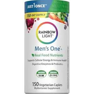 Rainbow Light Mens Multivitamin One + | 150 Caplets | Supports Cellular Energy & Immune Health | with Vitamins C, D, and Zinc | Real Food Nutrients, Digestive Enzymes & Probiotics