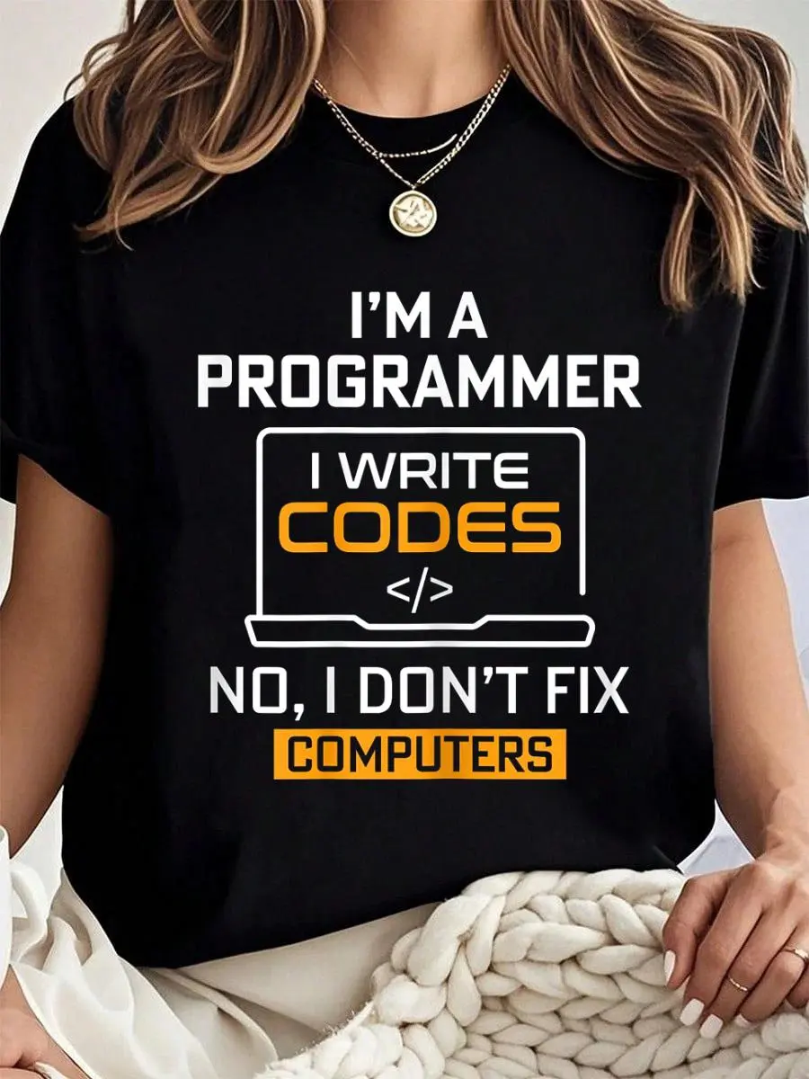 100% cotton I'm a programmer i write code i turn coffee into code T-Shirt Women Graphic T-Shirt Cotton Print short Sleeve Casual Top, Summer Tee Womens Tops