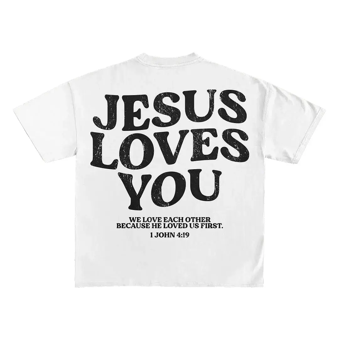 Jesus Loves You Words Print Short Sleeve T-Shirt, god apparel, christian clothing Cotton Menswear