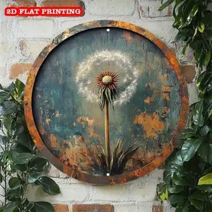 Vintage Dandelion Round Aluminum Wall Hanging, Pre-Drilled Holes, Rustic Aluminum Decoration, Home Garden Holiday Gift, Autumn Design