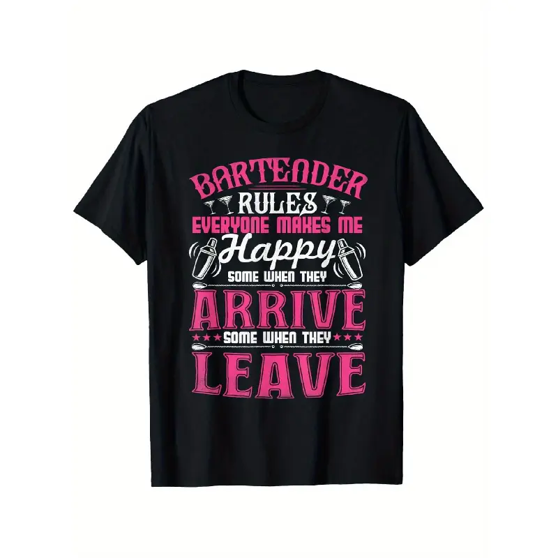 Plus sizeFunny Bartender Rules T-Shirt - Heavyweight 180gsm Cotton Tee with Bartender Saying "Bartender Rules: Everyone Makes Me Happy When They Arrive, Some Leave" - Soft & Durable Bar Apparel for Men () - Machine Washable Black Shirt with Pink & White B