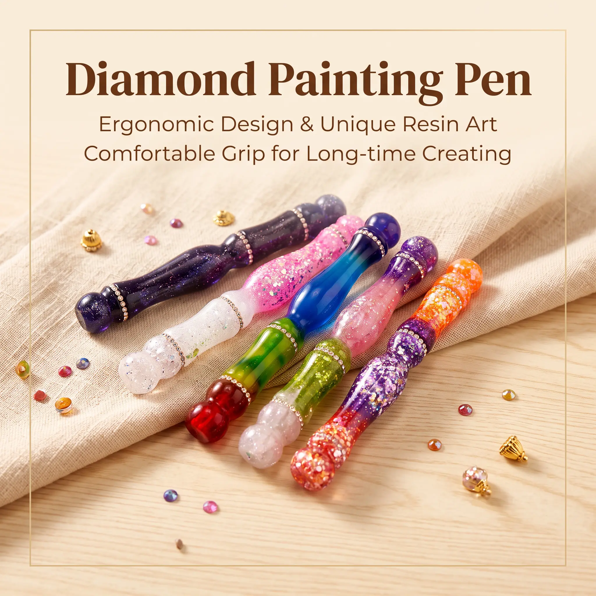 Gradient glitter resin diamond painting pen with ergonomic comfortable grip and interchangeable metal tips, a practical tool for diamond art DIY creation.