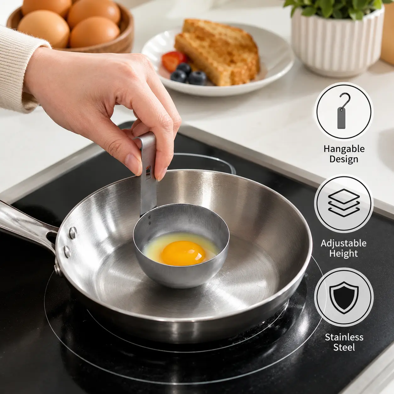 1 Count Stainless Steel Egg Poacher, with Hanging Hook Easy to Clean Design for Making Poached and Steamed Eggs in Home Kitchen