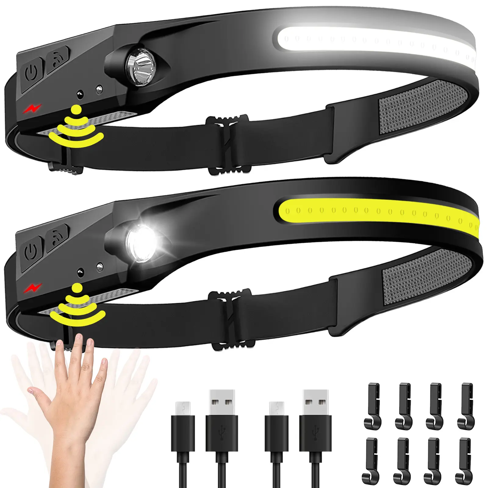 BIAT Headlamp Rechargeable 2PCS, 230° Wide Beam Head Lamp LED with Motion Sensor for Adults - Camping Accessories Gear, Waterproof Head Light Flashlight for Hiking, Running, Repairing, Fishing, Cycling