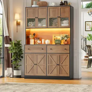 FINETONES 71" Pantry Cabinet with LED Light and Charging Station, Farmhouse Kitchen Pantry Cabinet with Microwave Stand, 47.2" Wide Kitchen Hutch Food Pantry with Open Countertop, Black/Brown