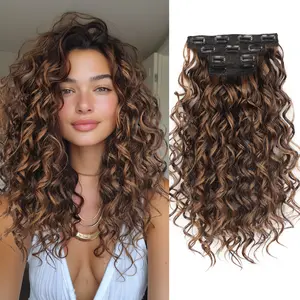 Curly Clip in Hair Extensions, 4Pcs 16 inch Curly/Wavy Hair Extensions Clip ins - Lace Weft Soft Natural Hairpieces for Women (Chocolate Brown with Dark Brown)