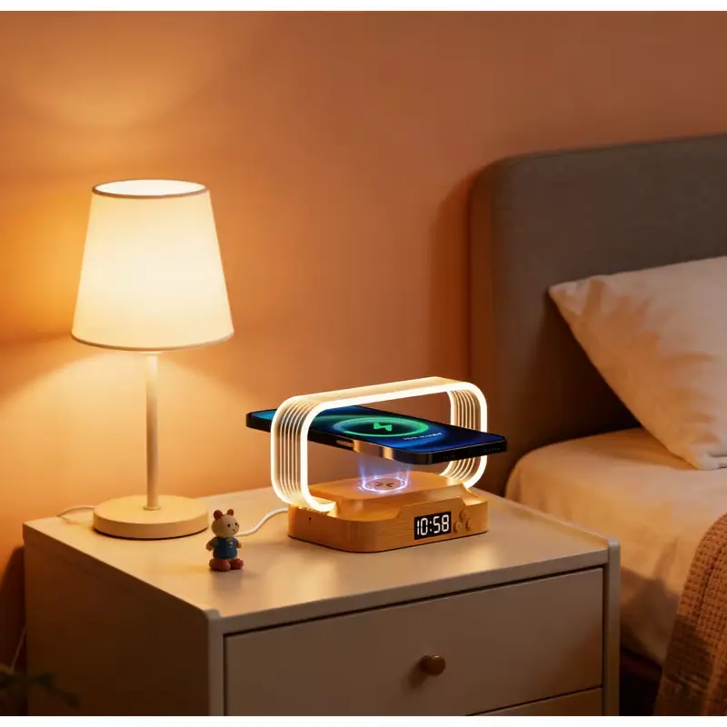 Wireless Charging Alarm Clock Lamp, 15W Fast Charger Bedside Table Lamp with LCD Display, Strip Smart Light, Bedroom Wake-Up Light, Dimmable Desk Lamp, Touch-Controlled Dimmable Night Light with 3 Color Modes, Suitable for All Wireless